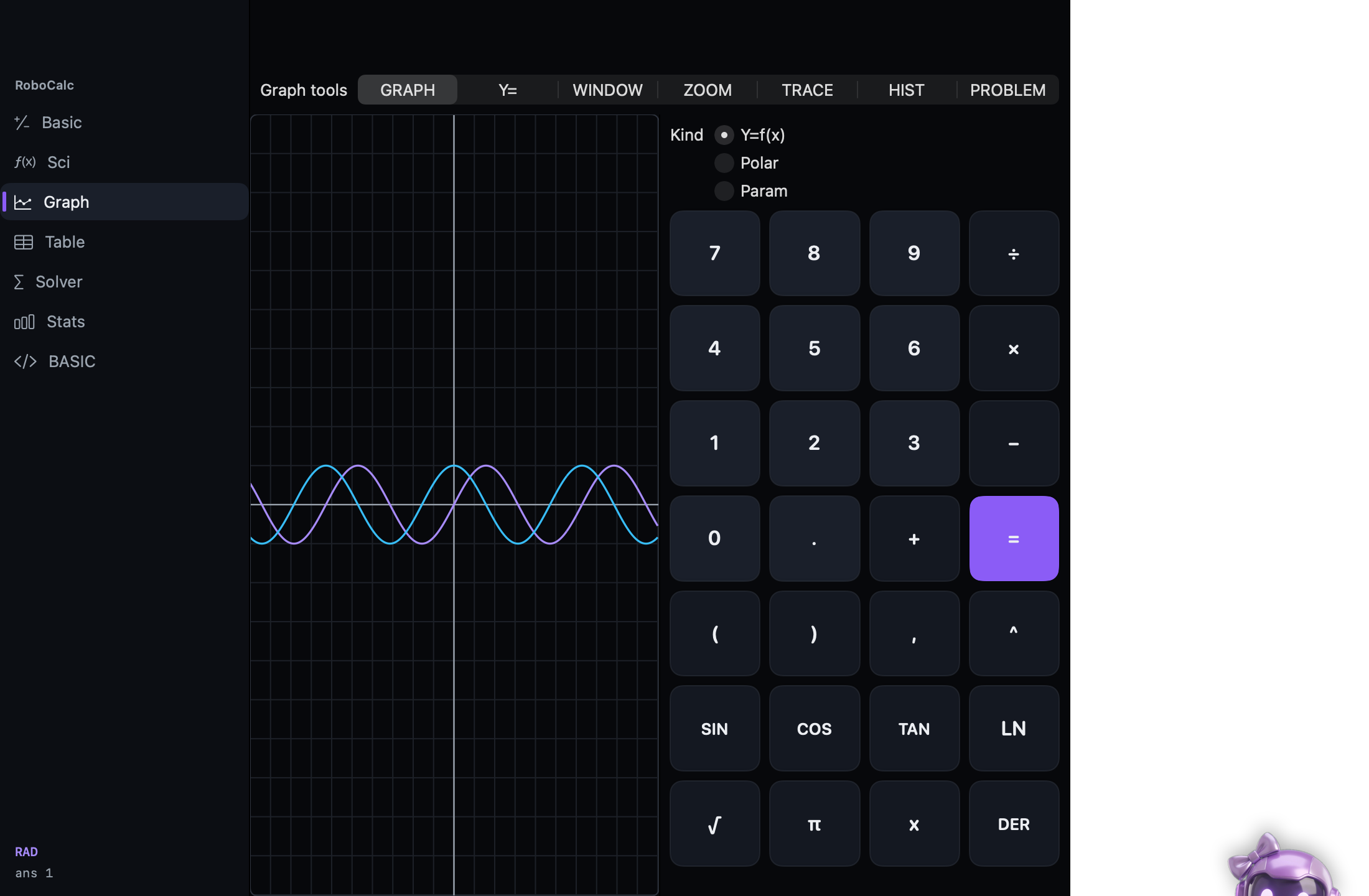 Live RoboCalc graph mode with sine and cosine
