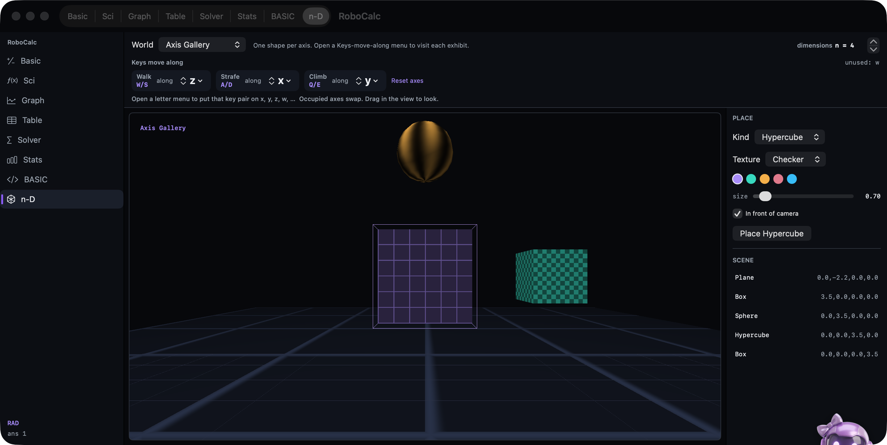 n-D world viewer: Axis Gallery with hypercube, checker cube, and sphere