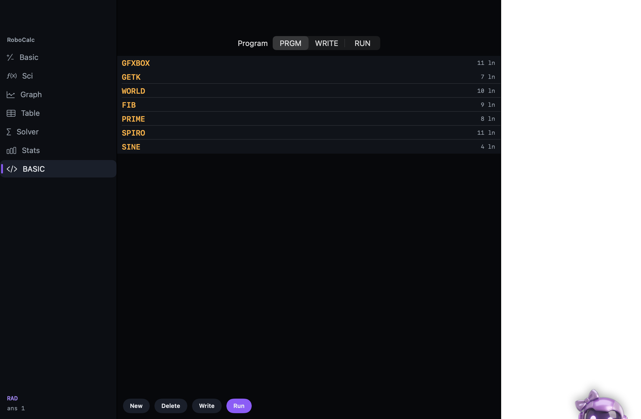 BASIC program list: FIB, SPIRO, SINE